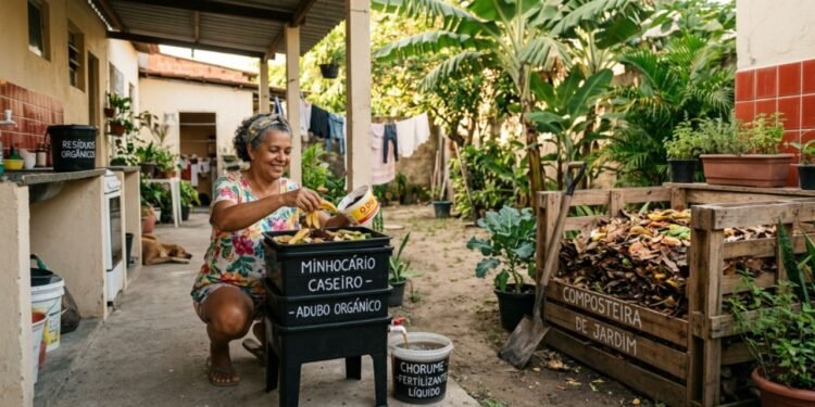 Essa divisão mantém o monte arejado e garante a temperatura ideal de decomposição.