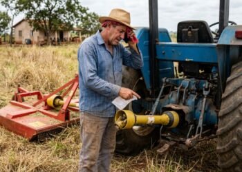 Produtor rural compra roçadeira hidráulica seminova por R$ 12.500 para limpar o pasto antes do período de chuvas, o eixo cardan apresenta vibração excessiva que quebra a tomada de força do trator no primeiro dia e o vendedor recusa a troca