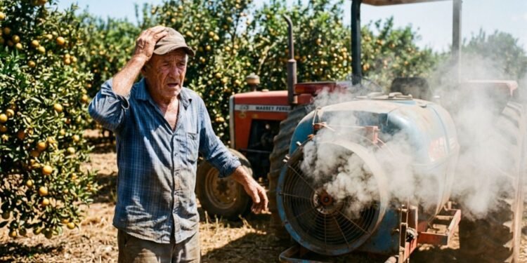 O avanço de ácaros exigia pulverizações rápidas em centenas de árvores frutíferas antes do período de chuvas intensas.
