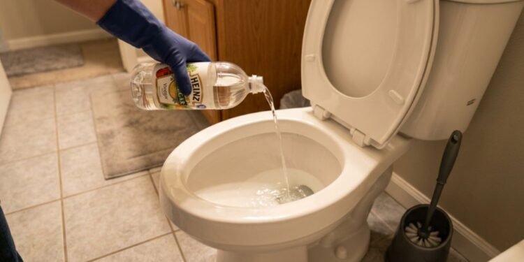 Aplicar o vinagre no vaso sanitário semanalmente age quebrando as partículas de calcário e soltando os resíduos com rapidez sem raspar a louça.