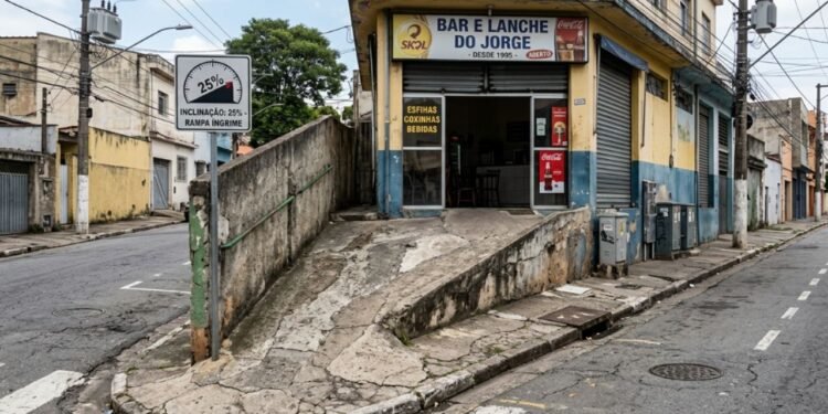 A intenção era louvável, demonstrando a criatividade prática do comerciante, mas a intervenção acabou avançando sobre a calçada pública sem qualquer autorização municipal prévia.