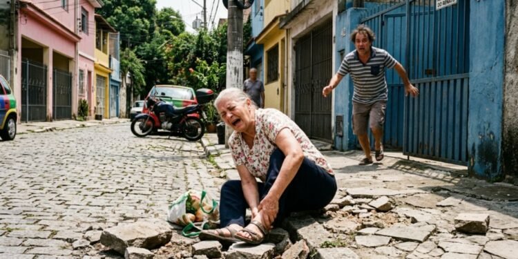 Em uma manhã de sol, Dona Irene caminhava pela rua do bairro e prendeu a ponta do sapato em uma lajota levantada.