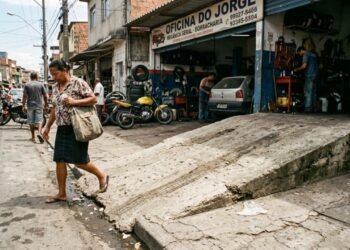 Oficina mecânica instala rampa de alinhamento avançando 80 cm sobre a calçada e força pedestres a desviarem pelo asfalto; fiscalização de posturas autua o estabelecimento em R$ 2.100 e determina a demolição do trecho irregular