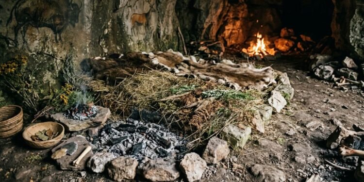 Eles preparavam uma base de cinzas frias de fogueira antes de espalhar toda a vegetação por cima do chão.