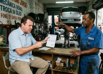 Dono de SUV deixa o carro na oficina para troca de óleo no valor de R$ 350, o mecânico realiza a troca de suspensão e discos de freio sem aviso prévio e apresenta conta de R$ 6.200; o cliente se recusa a pagar o valor extra e exige a devolução do veículo com base no artigo 39 do CDC