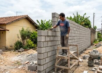 Morador levanta muro de 3 metros de altura na divisa lateral usando alvenaria simples sem colunas de sustentação, a estrutura verga com o vento forte e ameaça cair sobre a área de lazer do vizinho
