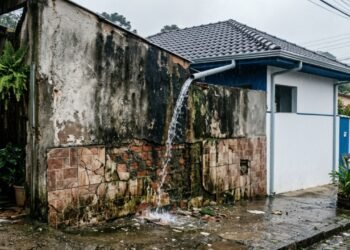 Proprietário redireciona o escoamento da água da chuva diretamente para a parede da casa vizinha, provocando mofo e descolamento de piso; a vítima aciona o Juizado Especial Cível com base no Artigo 1.300 do Código Civil