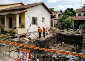 Proprietário inicia escavação para construir piscina de 8 metros sem laudo de engenharia nem autorização municipal, o terreno cede e abre rachaduras estruturais na casa vizinha; a Defesa Civil interdita o imóvel ao lado e o construtor é obrigado a custear hotel para os atingidos