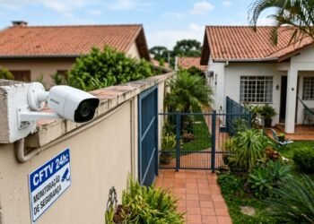 Morador instala equipamentos de monitoramento no topo do muro de 2,20 metros com lentes apontadas para a área íntima do vizinho, registrando a rotina da família de forma contínua: a família afetada aciona o Juizado Especial Cível para exigir a remoção ou o reposicionamento dos aparelhos