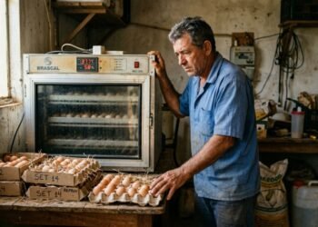 Pequeno avicultor investe R$ 4.800 em uma chocadeira industrial seminova para 500 ovos, o termostato defeituoso desregula a temperatura na primeira semana e inviabiliza a eclosão de quase todo o lote; ele entra na Justiça contra o vendedor exigindo o reembolso do equipamento