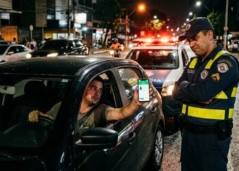 Motorista é parado na blitz de trânsito, entrega a CNH Digital no celular e agente questiona a ausência do documento físico; condutor alega ter esquecido a carteira em casa