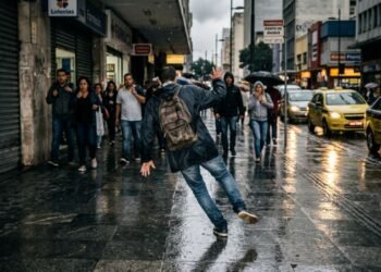 Comerciante substitui o piso tátil e antiderrapante da calçada por porcelanato polido de alta rigidez, causando quedas frequentes de pedestres em dias de chuva; a prefeitura autua o estabelecimento por descumprimento das normas municipais de acessibilidade