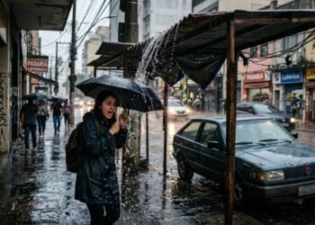 Proprietário constrói puxadinho para proteger a garagem e deixa a borda do telhado avançando sobre a calçada a apenas 2,10 m de altura, fazendo a enxurrada de chuva cair como uma cascata na cabeça de quem passa; o município notifica o morador para recuar a cobertura e instalar sistema de calhas e condutores