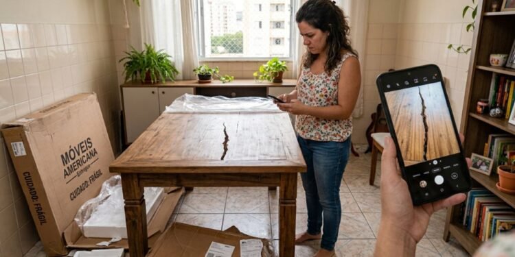 Assim que a transportadora descarregou os volumes lacrados na sala, Mariana iniciou a conferência das peças no mesmo dia.