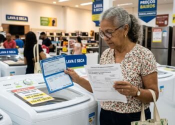 Aposentada compra máquina de lavar por R$ 2.200, financia no carnê da loja em 24 vezes de R$ 150 e, ao somar as parcelas em casa, descobre que o valor final saltou para R$ 3.600 devido a uma “garantia estendida” embutida sem seu consentimento; ela volta à loja para exigir o cancelamento por venda casada.