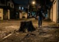 Morador realiza o corte de uma árvore no quintal, deixa o cepo de madeira e as raízes salientes com 30 cm de altura no passeio público sem qualquer sinalização e pedestres sofrem quedas graves à noite