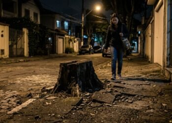 Morador realiza o corte de uma árvore no quintal, deixa o cepo de madeira e as raízes salientes com 30 cm de altura no passeio público sem qualquer sinalização e pedestres sofrem quedas graves à noite
