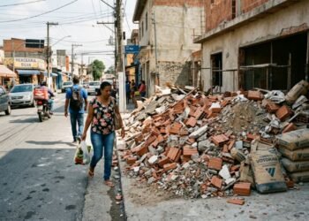 Proprietário descarta 4 toneladas de restos de demolição direto no passeio público em vez de contratar caçamba credenciada, forçando pedestres a transitar pela via dos carros; a fiscalização urbana aplica o Código de Posturas e exige a remoção imediata do entulho