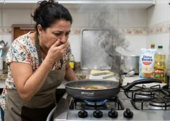 Dona de casa compra frigideira de marca por R$ 180, o cabo plástico derrete e solta fumaça tóxica durante o uso em boca de fogão convencional e a fabricante joga a culpa na chama alta; ela exige a devolução do dinheiro com base no CDC por falha de segurança do produto.