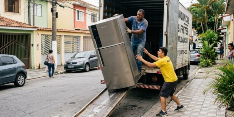 Durante a descida pela rampa do caminhão, o eletrodoméstico escorregou e sofreu uma queda com impacto violento no asfalto.