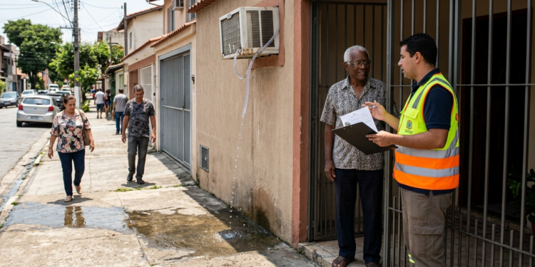 Morador instala ar-condicionado com dreno voltado para a calçada, despejando água sobre pedestres que passam pelo local; a prefeitura notifica o proprietário para alterar a saída por risco de quedas