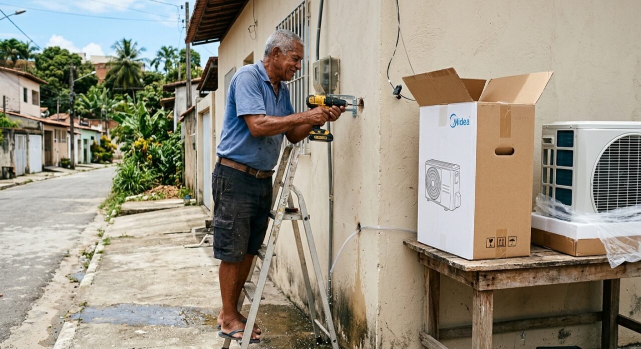 Morador instala ar-condicionado com dreno voltado para a calçada, despejando água sobre pedestres que passam pelo local; a prefeitura notifica o proprietário para alterar a saída por risco de quedas