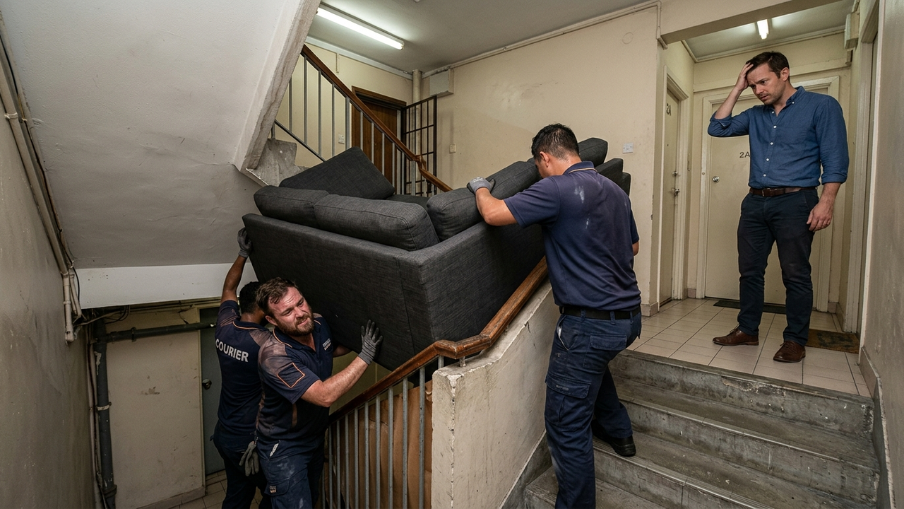Um morador contrata uma empresa para içar um sofá retrátil de 3 metros até o 8º andar. Durante a subida, o vento balança o móvel, que bate e destrói o envidraçamento da varanda do vizinho de baixo. A Justiça determina que o morador contratante e a empresa de transporte respondam solidariamente. Eles são condenados a pagar o conserto imediato do vidro e uma indenização pelo susto e risco à vida do vizinho.