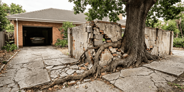 Uma árvore de grande porte plantada no quintal cresce descontroladamente e suas raízes estouram o muro da divisa, quebrando também o piso da garagem da casa vizinha. A Justiça autoriza o vizinho prejudicado a cortar as raízes que invadiram seu terreno e condena o dono da árvore a pagar integralmente a reconstrução do muro e do piso (Artigo 1.283 do Código Civil).