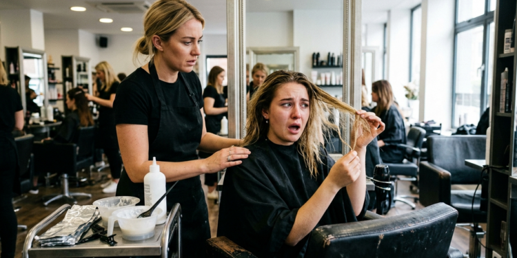 Consumidora vai a um salão renomado para fazer mechas loiras, mas o profissional erra no tempo e na mistura dos produtos, causando o derretimento e a quebra de 70% do cabelo da cliente. A Justiça condena o salão a custear tratamentos dermatológicos de recuperação capilar, a aplicação de extensões provisórias de alta qualidade e a pagar R$ 20 mil por danos estéticos e morais.