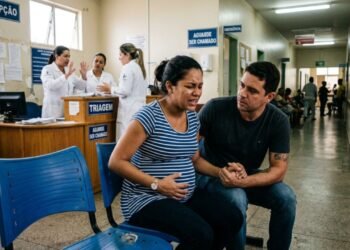 Mãe em trabalho de parto é informada pela maternidade privada de que o pai não poderá entrar no centro cirúrgico por normas internas do estabelecimento; a família aciona a Polícia exigindo o cumprimento da Lei Federal 11.108/2005, que garante o direito ao acompanhante