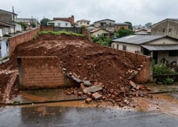 Proprietário despeja 15 caminhões de terra para nivelar o lote em relação à rua, usa o muro simples de alvenaria do vizinho como contenção sem fazer estrutura de arrimo e o muro cede sob a pressão da terra molhada após a primeira chuva forte.