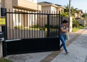Morador instala portão eletrônico basculante que projeta 1,5 metro sobre a calçada ao abrir, atinge pedestres e recebe multa da prefeitura; proprietário é notificado para alterar o mecanismo