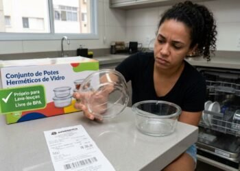 Comprador investe R$ 280 em conjunto de potes herméticos de vidro com indicação expressa na embalagem para lava-louças, duas peças trincam no primeiro ciclo e o estabelecimento recusa o estorno