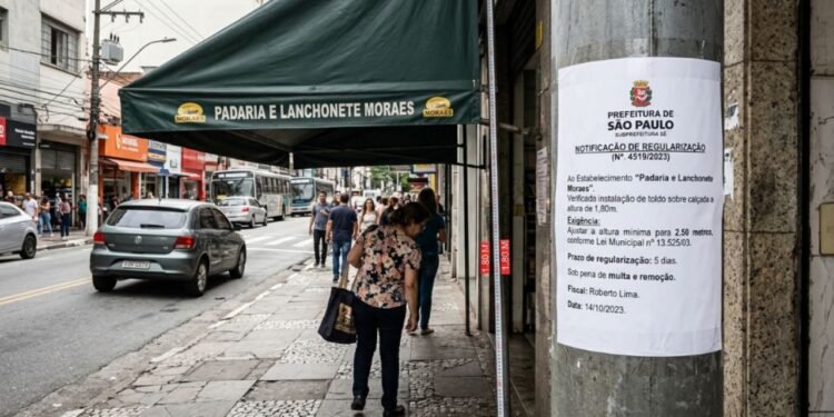 . Um agente da prefeitura realizou a medição do gabarito vertical no local e lavrou um auto de infração, exigindo o reajuste imediato da peça para a altura mínima permitida.