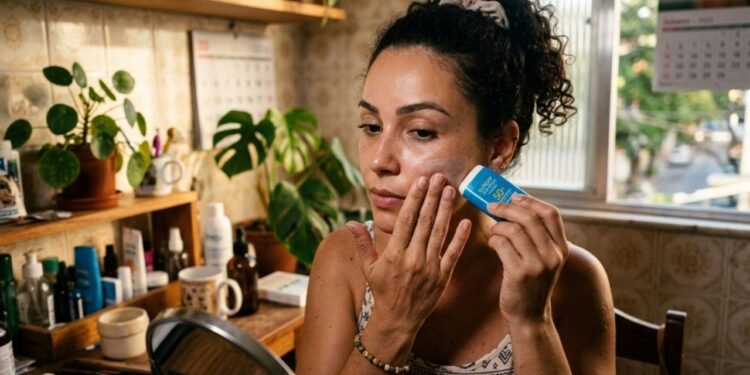 Pressionar levemente o cosmético enquanto desliza garante que os óleos protetores grudem nos poros de forma homogênea