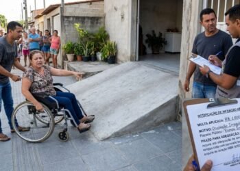 Morador constrói rampa de acesso à garagem com inclinação de 25% invadindo 60 cm da calçada pública e provoca a queda de um cadeirante; prefeitura aplica multa de R$ 1.800 por descumprimento da NBR 9050 de acessibilidade e exige o nivelamento do passeio