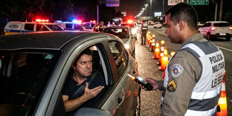 Confiante de sua sobriedade, ele estacionou no ponto indicado pela equipe de fiscalização do trânsito brasileiro.