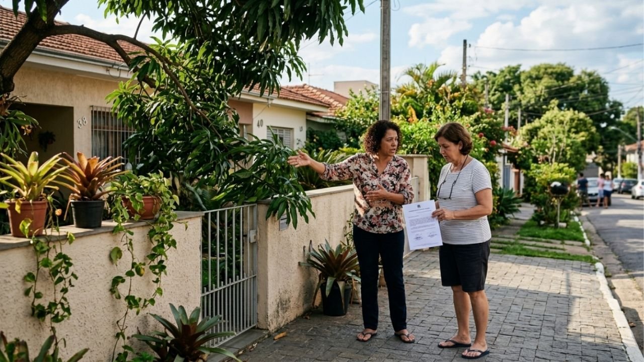 Árvore frutífera do quintal do vizinho cresce, os galhos ultrapassam o muro divisório e as raízes começam a rachar o piso da garagem; morador corta a parte invasora por conta própria e descobre que o artigo 1.283 do Código Civil autoriza a poda sem necessidade de aviso prévio