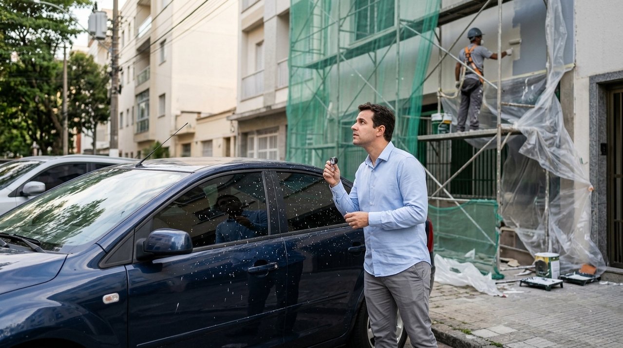 Moradores acordam com dezenas de carros cobertos por respingos de tinta depois de serviço realizado durante a madrugada em prédio vizinho