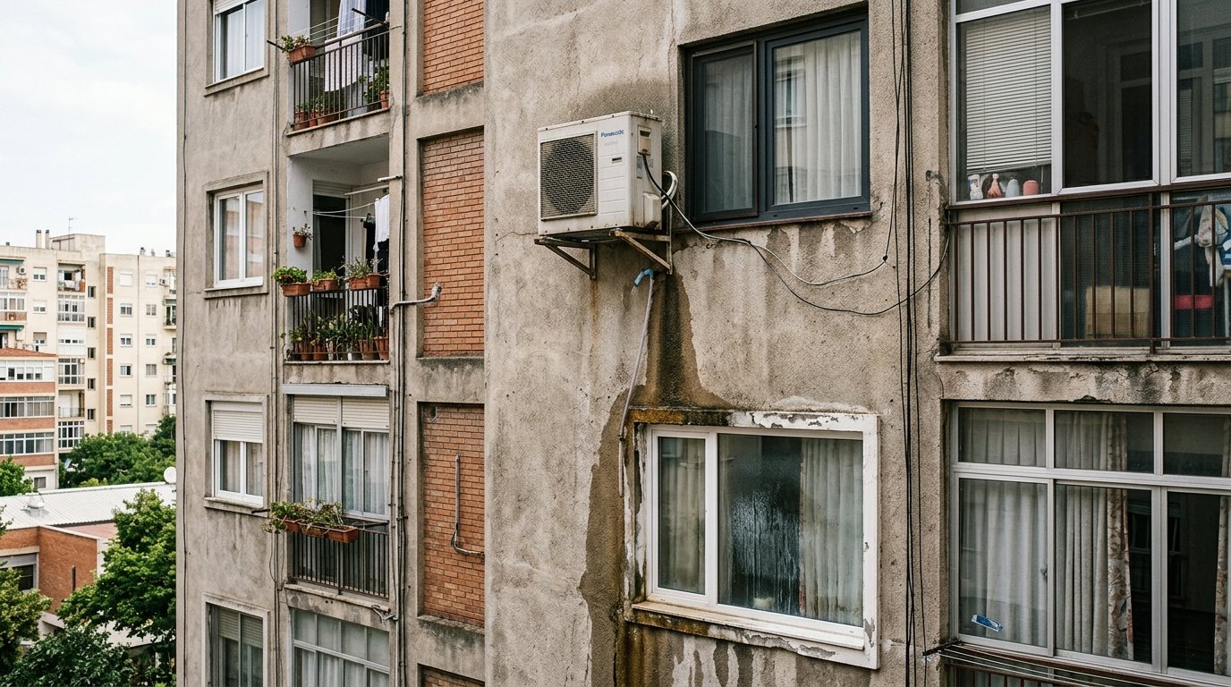Vizinho instala aparelho de ar-condicionado voltado diretamente para a janela do apartamento ao lado e, além do barulho durante a madrugada, água do equipamento começa a escorrer pela fachada e atingir a unidade inferior