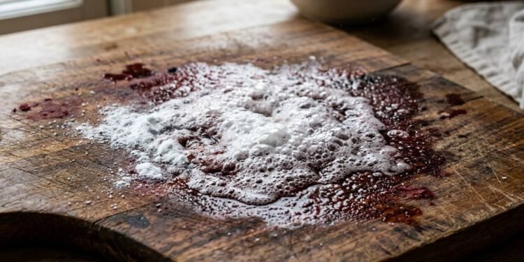 Adeus tábuas de corte com marcas escuras: o banho noturno de bicarbonato com vinagre que retira manchas de sangue e tomate da madeira