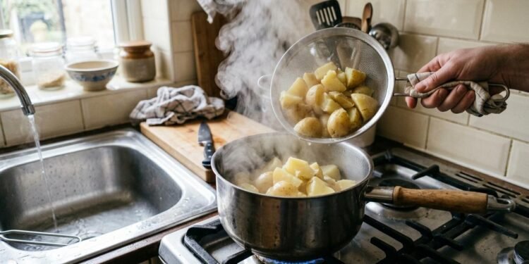 Com as batatas ainda quentes e já amassadas, uma técnica prática consiste em adicionar primeiro a manteiga amolecida.