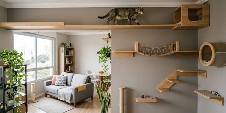 Gatificação em apartamentos pequenos: como criar prateleiras e nichos aéreos para enriquecer o espaço do pet sem reformas