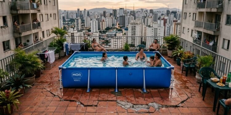 Morador de cobertura decide instalar uma piscina de plástico com 5 mil litros no terraço para aproveitar o verão sem consultar um engenheiro, o teto do vizinho de baixo começa a ceder e a Defesa Civil interdita o andar por risco iminente de desabamento devido à sobrecarga