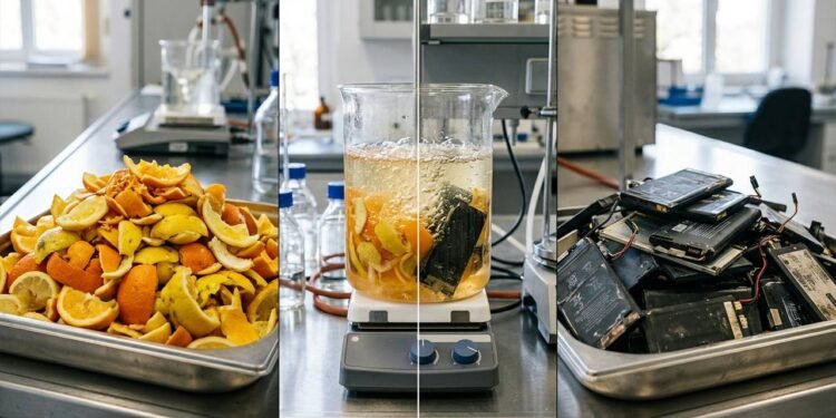 A usina pioneira que usa cascas de frutas para dissolver baterias de lítio e recuperar até 90% dos metais nobres sem poluição química