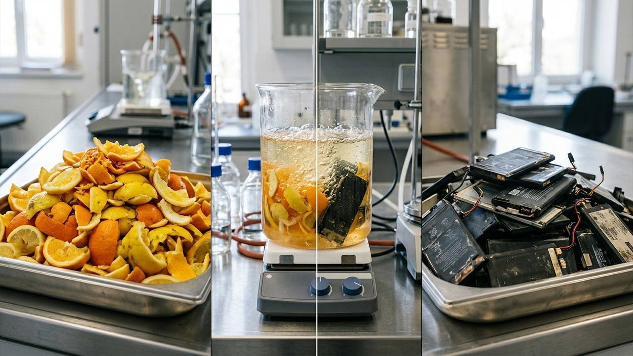 A usina pioneira que usa cascas de frutas para dissolver baterias de lítio e recuperar até 90% dos metais nobres sem poluição química