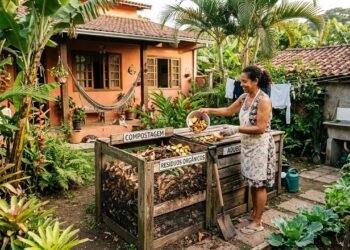 Moradora começa uma composteira usando restos da cozinha, coloca cascas, folhas e alimentos todos os dias e se assusta quando surge cheiro forte; ao abrir o recipiente descobre o que faltava para equilibrar aquele material
