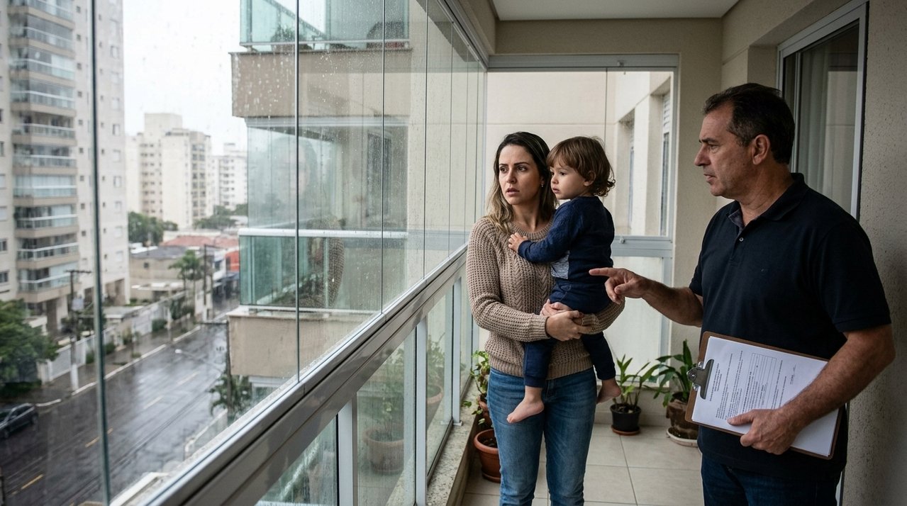 Família fecha varanda com vidro para proteger criança da chuva e do vento, investe mais de R$ 18 mil na obra e condomínio manda desmontar estrutura porque modelo não segue o padrão aprovado em assembleia