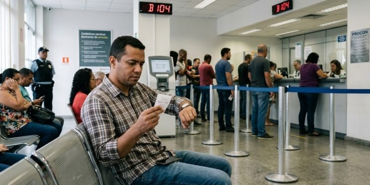 Consumidor enfrenta fila de 1h30 em agência bancária mesmo após retirar senha preferencial e descobre que lei municipal estabelece prazo menor para atendimento; banco pode sofrer fiscalização e multa do Procon