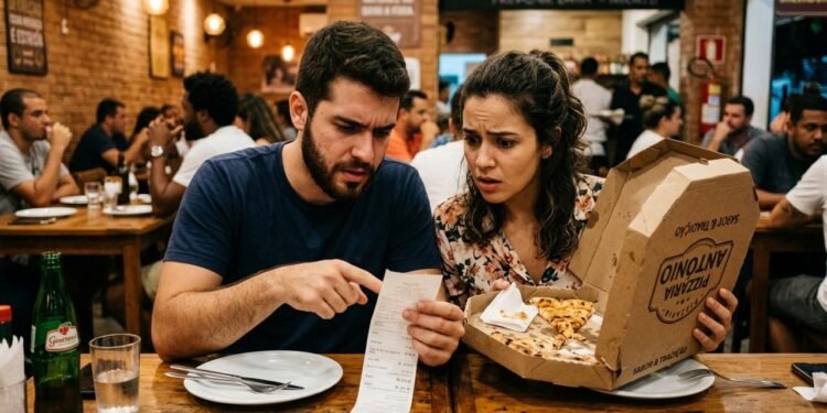 A surpresa apareceu apenas no fechamento da conta, quando o casal encontrou uma taxa pela embalagem. // Imagem ilustrativa gerada por IA para representar a situação descrita no texto; pessoas, locais e elementos visuais não correspondem necessariamente aos reais